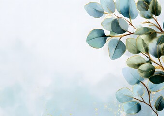 Eucalyptus leaves frame a watercolor background.  eucalyptus leaves and branches on a transparent background. The soft blue and grey tones create a white background