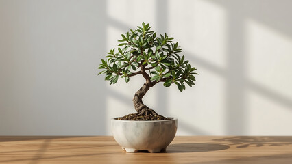 Bonsai tree in a light gray pot on a wooden table. Suitable for nature, gardening, home decor, zen concepts, and small business branding projects.