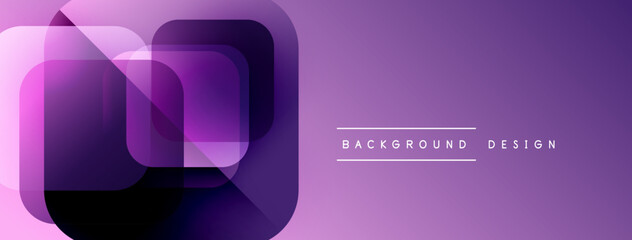 Abstract purple layers create modern design. Gradient shapes overlap, forming dynamic visual effect. Minimal text complements composition.