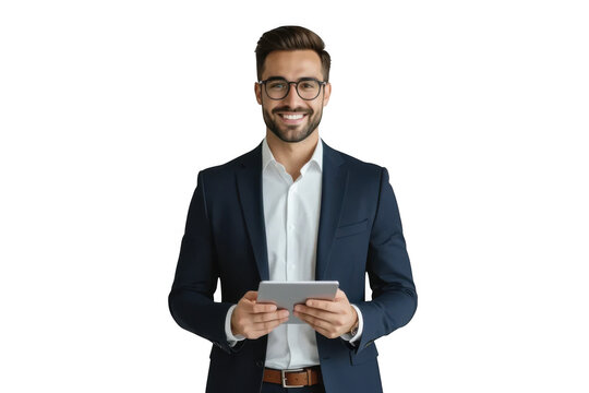 Smiling businessman holding tablet isolated on transparent background