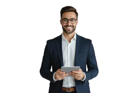 Smiling businessman holding tablet isolated on transparent background