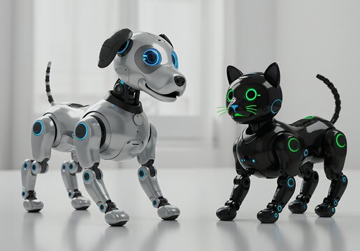 Robotic dog and cat, futuristic pets with neon accents, standing indoors
