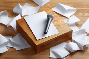 Microphone on Paper with Wooden Block and Scattered Sheet on Wooden Table