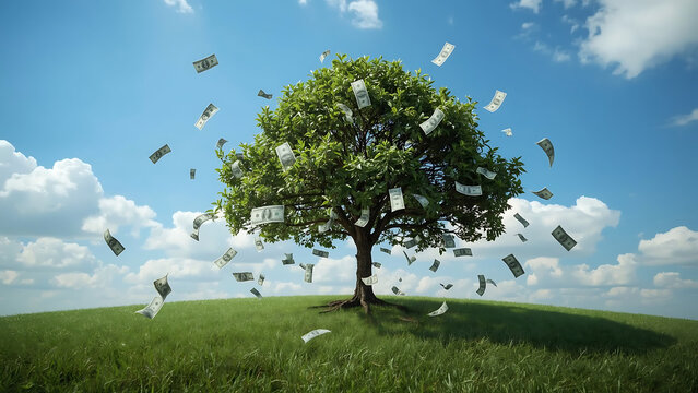 Money tree with dollar bills raining on a grassy field. Suitable for finance, investment, growth, wealth, abundance, and success concepts.