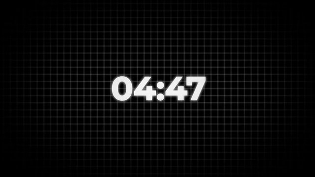 4K countdown animation, 5 minutes displays a timer counting down minutes and seconds.5 minutes Countdown timer with transparent background.