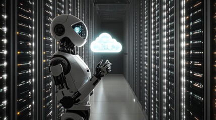 Robot in data center interacting with cloud computing symbol.