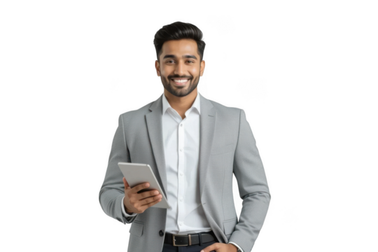 Smiling man with tablet isolated on transparent background