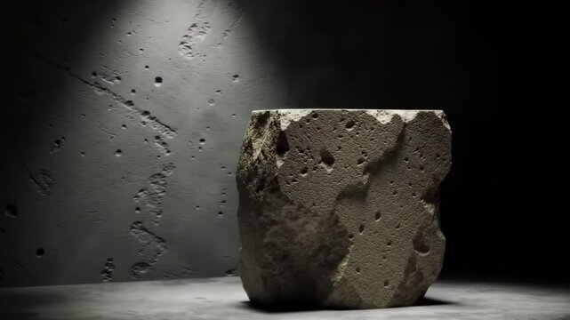 Rough porous stone column against a textured wall in spotlight