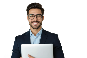 Smiling man with laptop isolated on transparent background