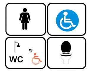 Set of restroom symbols in black and blue featuring icons for women, accessible toilet, and accessible shower. 