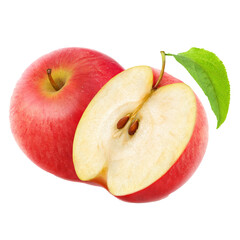 Ripe red apple fruit with apple half and green leaf isolated on white background. Apples and leaf with clipping path Sliced Fruit FRESH FRUIT PNG