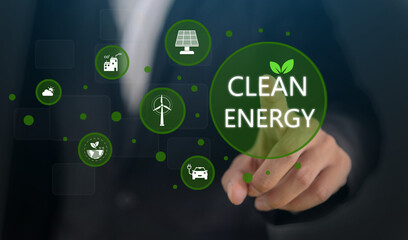 Clean energy concept with renewable power, solar energy, wind turbine, electric car, co2 reduction,...