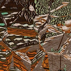 Autumnal brown patched cozy seamless pattern. Patchwork style fabric effect with floral design for season home decor background. Earth tones for modern country cottage mood.