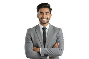 Young businessman smiling isolated on transparent background