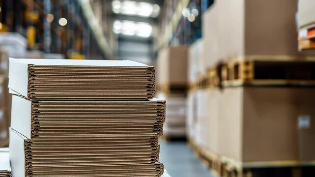 Stacks of boxes ready for shipment in a large, organized warehouse.