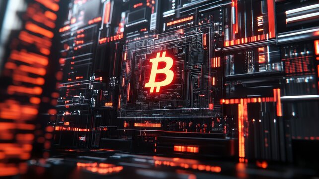 Glowing Bitcoin symbol on a futuristic circuit board. - Powered by Adobe