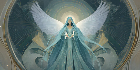 Mystic angel illustration radiating healing energy – a spiritual being of light with divine heart energy. A guardian angel for peace, love, and inner transformation – a vision of grace and divinity.