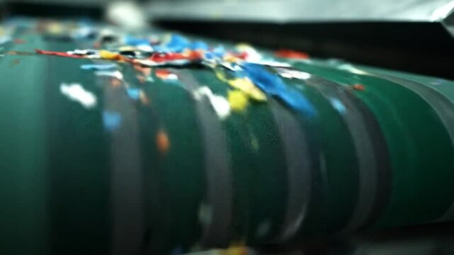Close-up of Shredded Plastic Waste Material Flowing on Industrial Conveyor Belt in Recycling Process