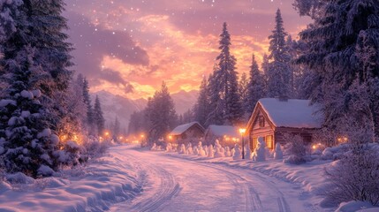 Obraz premium Winter wonderland village scene at sunset.