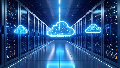 Futuristic server room with glowing clouds