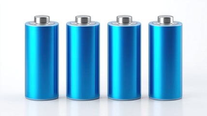 Portable power source. Four blue batteries aligned in a row on a white background.