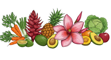 Obraz premium Tropical Fruits and Vegetables Illustration Organic Fresh Food Design