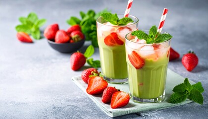 Strawberry Matcha Latte in Glass Cup with Ice
