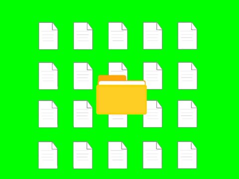 Folder animation with floating document icons background. Document management system. Digital organization, and workflow visualization