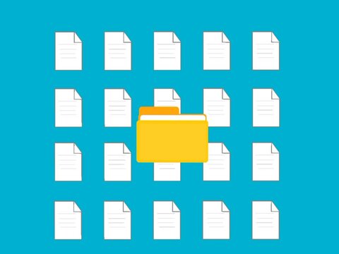 Folder animation with floating document icons background. Document management system. Digital organization, and workflow visualization.