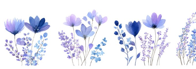 Fototapeta premium Set of watercolor blue and lavender wildflowers isolated on a white background, illustration, simple design