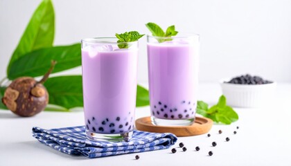 Taro Milk Tea with Tapioca Pearls on White Background 