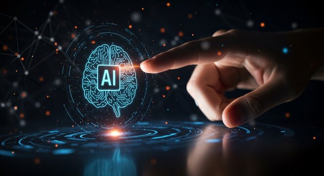 Hand touching a glowing AI brain hologram with digital circuit patterns and technology interface