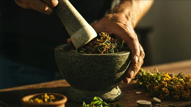 Person's hands grinding dried herbs and flowers in a stone mortar with a pestle on a wooden table