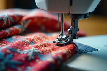 Close-up of Sewing Machine Stitching Thick Winter Fabric Warmth, Comfort, and Handmade Craftsmanship
