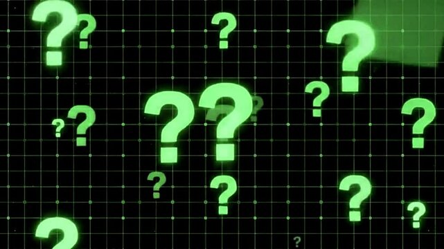 Neon Green Question Marks on Dark Grid Background &mdash; Abstract Digital Animation for Mystery and Tech