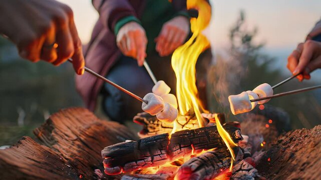 Happy friends roasting marshmallows over a campfire at sunset.