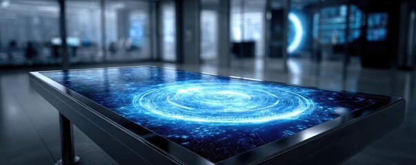 Oncology research treatment with monitoring mechanism concept. Futuristic touch table displaying interactive digital hologram.