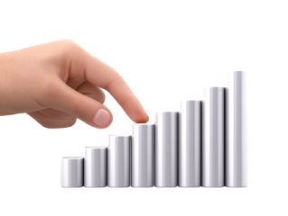 Hand pointing to upward trending bar chart, visualizing growth, data analysis, and business success