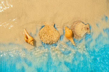 Aerial view of clean and transparent blue ocean waves with seashells on a beautiful sandy beach. Natural background. Summer concept