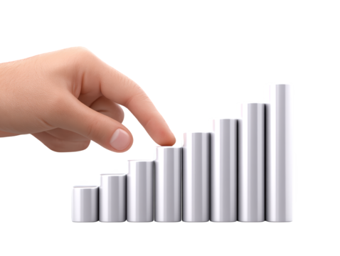 Hand pointing to upward trending bar chart, visualizing growth, data analysis, and business success