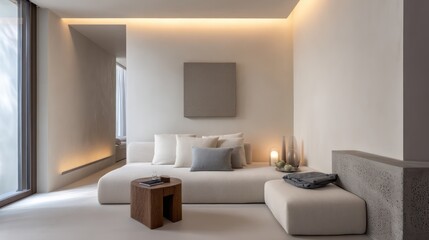 minimalist guest room in creamy whites and ash gray, soft ambient lighting with no source, high-fidelity texture on