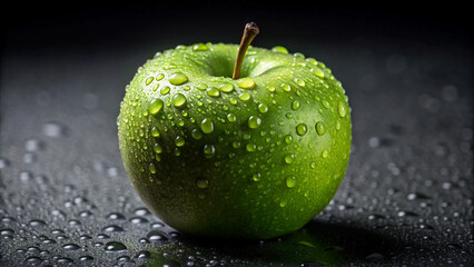 Close up of an apple with water drops on a dark background.