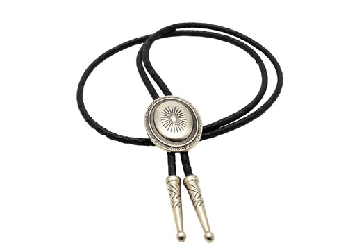 Western Bolo Tie Silver Pendant on Black Cord on Transparent Background