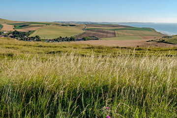 Cap Blanc-Nez, Escalles, Pas-de-Calais, Hauts-de-France, France, July 29th, 2025, Experience the breathtaking and magnificent view of rolling hills and stunning coastline under a clear blue sky