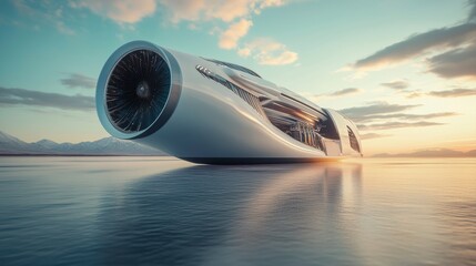 Futuristic white hydrofoil vehicle on calm water at sunset, mountains in background.