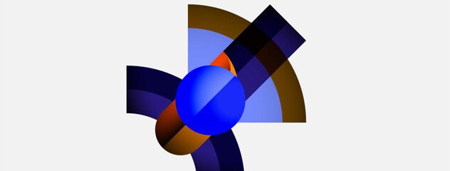 Abstract design features curved shapes, blue sphere, brown, navy hues. Minimalist composition, clean background, modern aesthetic.