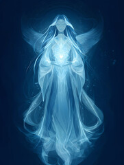 Mystic angel illustration radiating healing energy – a spiritual being of light using sacred geometry for divine healing. A guardian angel of peace, transformation, spiritual harmony, and love.