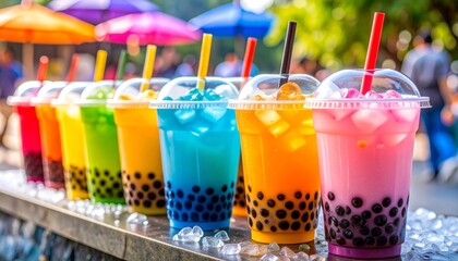 Colorful Layered Boba Drink in Plastic Cup with Straw
