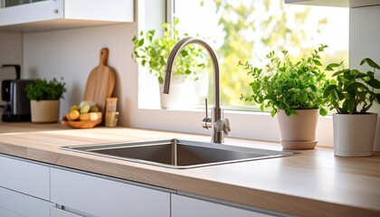 Modern Kitchen Sink With Plants And Natural Light
