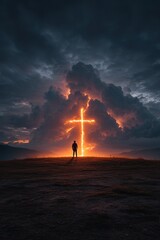 Silhouette figure, glowing cross, dramatic sky